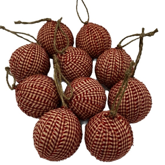 10 Primitive BARN RED Fabric RAG BALLS Christmas Ornaments farmhouse decor - Picture 2 of 8